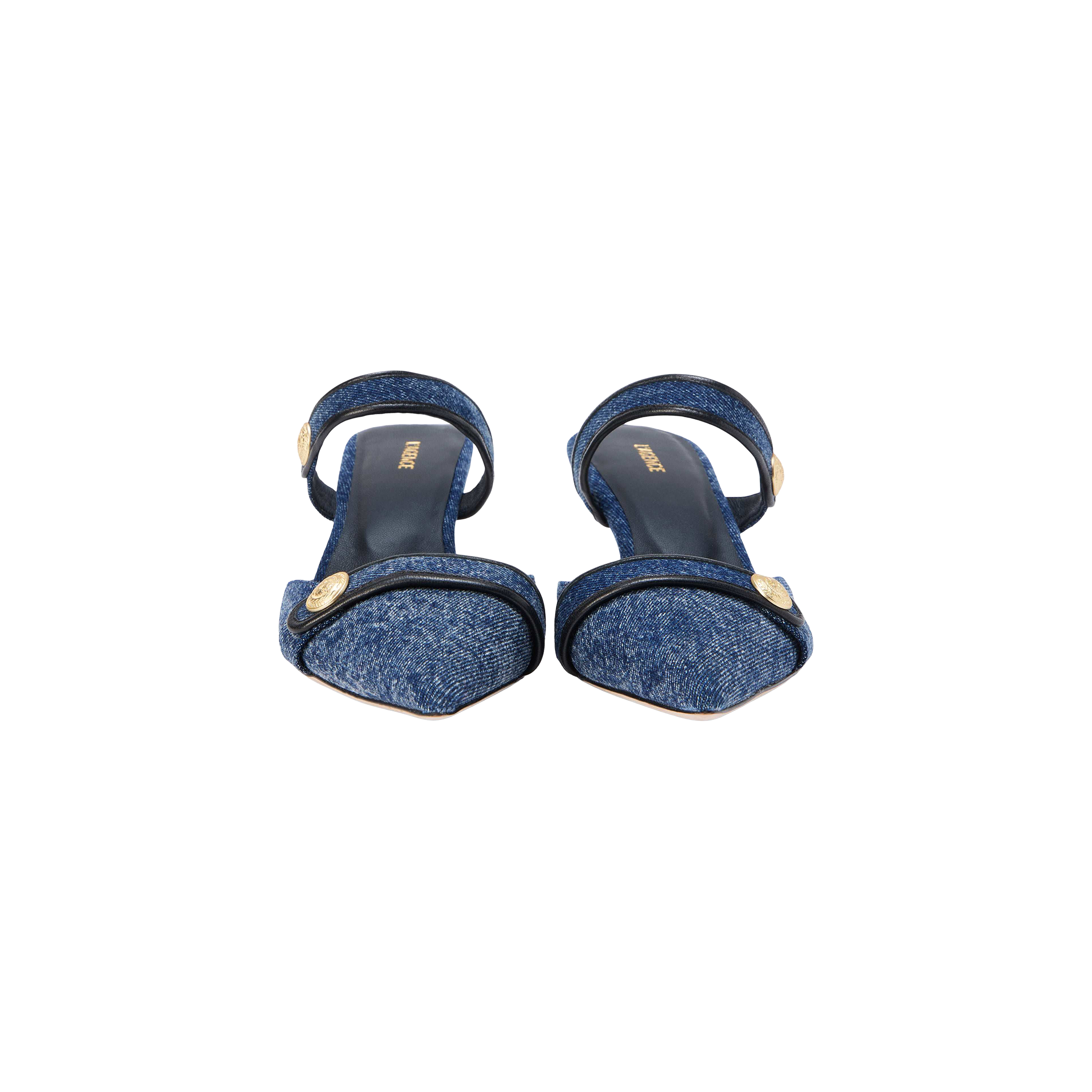 The Gilliane Denim Mule is a pair of blue denim open-toe sandals with ankle straps and embossed dome button details, featuring a memory foam cushion for added comfort, displayed on a white background.