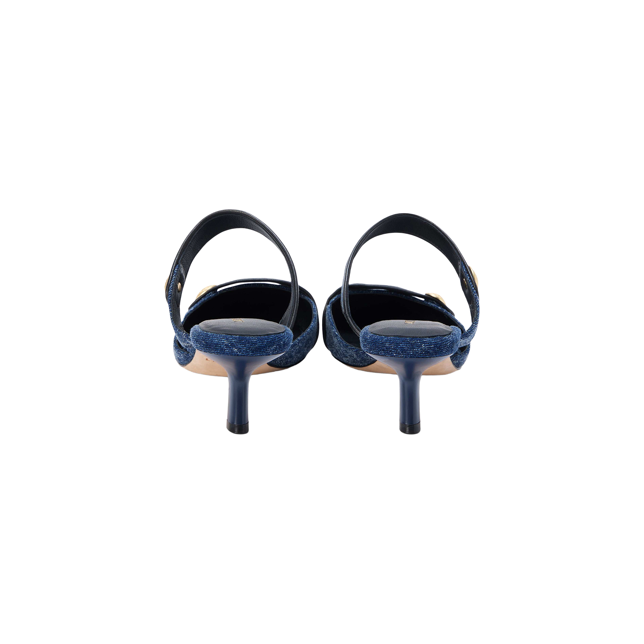 Rear view of the Gilliane Denim Mule, a pair of blue denim heeled sandals featuring ankle straps and memory foam cushioning, displayed against a plain white background.