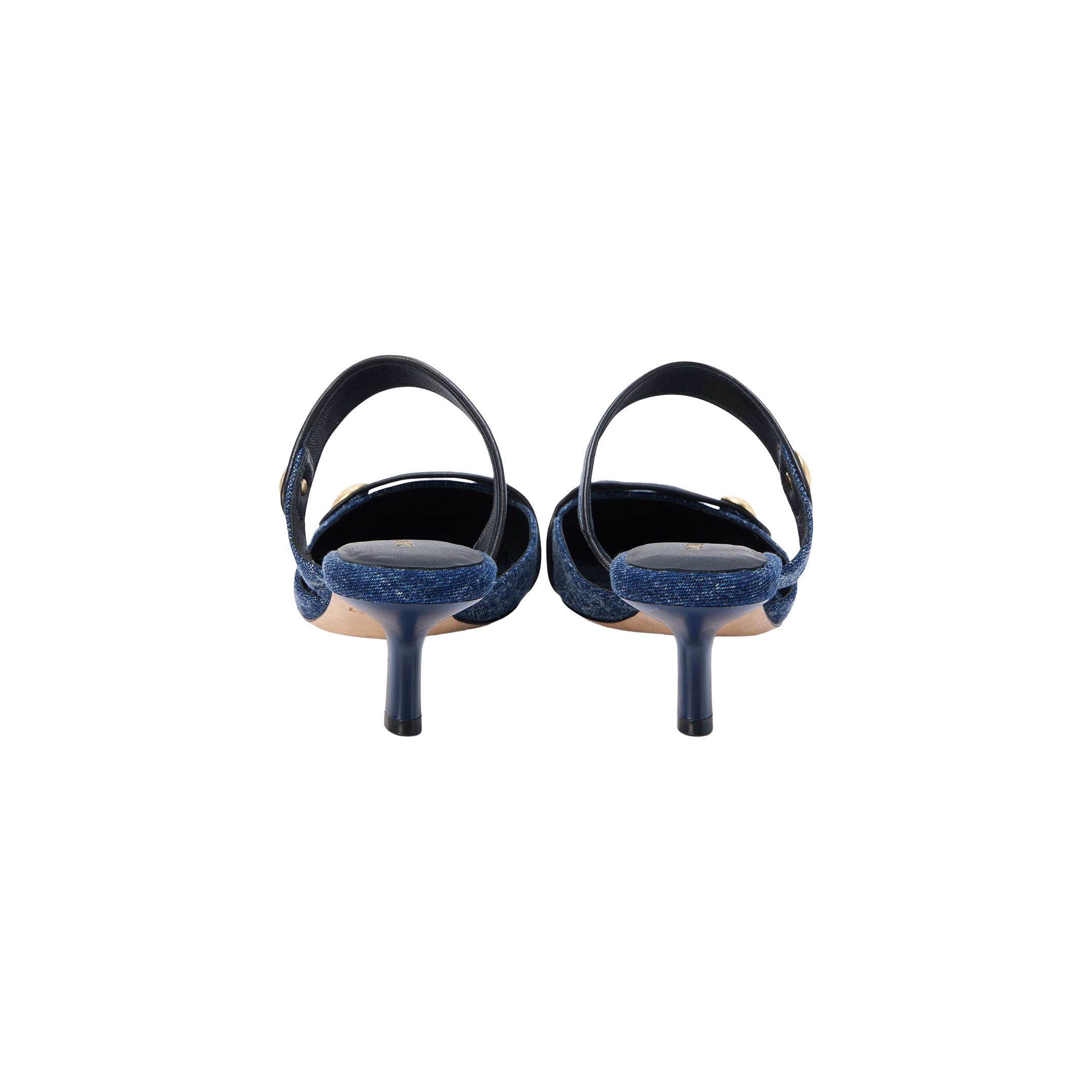 Rear view of the Gilliane Denim Mule, a pair of blue denim heeled sandals featuring ankle straps and memory foam cushioning, displayed against a plain white background.