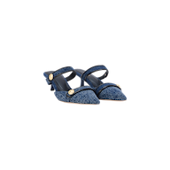 Gilliane Denim Mule: A pair of blue denim, pointed-toe heeled mules with two straps accented by embossed dome buttons and a memory foam cushion, displayed on a white background.