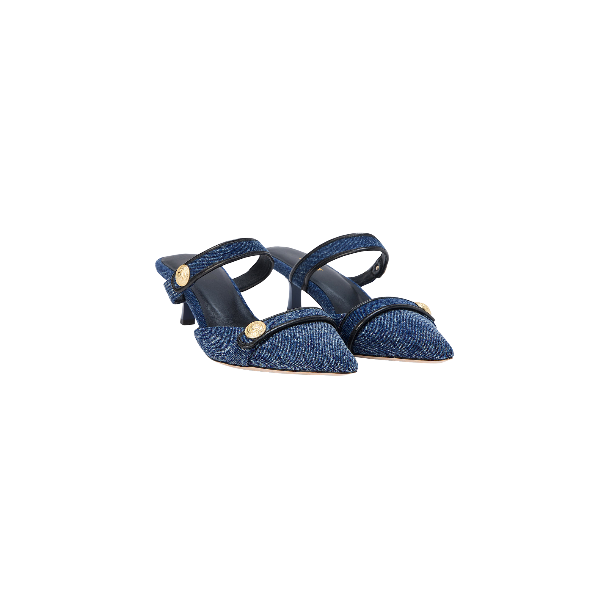 Gilliane Denim Mule: A pair of blue denim, pointed-toe heeled mules with two straps accented by embossed dome buttons and a memory foam cushion, displayed on a white background.