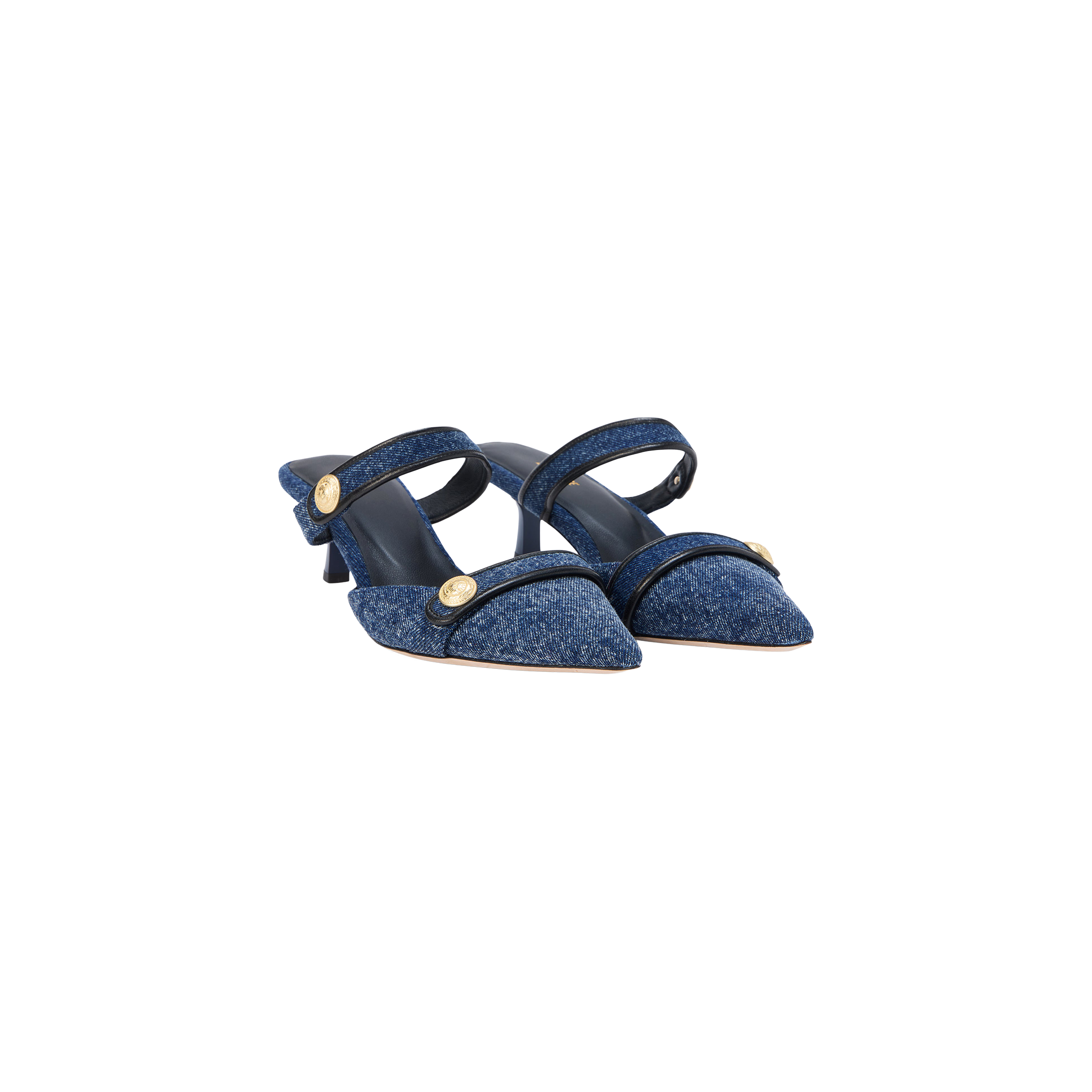 Gilliane Denim Mule: A pair of blue denim, pointed-toe heeled mules with two straps accented by embossed dome buttons and a memory foam cushion, displayed on a white background.