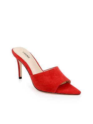 The Lolita Suede Open-Toe Mule in red, featuring a pointed peep-toe, open back, and wide front strap, is elegantly displayed on a white background.