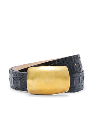 The Milou Belt by L'AGENCE, handcrafted in LA from black Italian croc-embossed leather with a bold rectangular gold buckle, is artfully coiled on a white background.