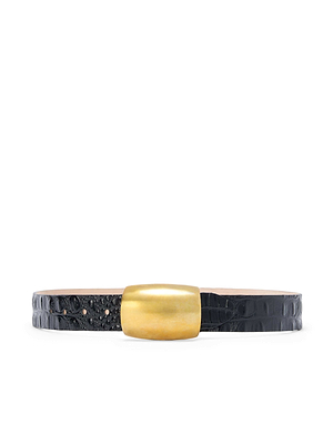 The Milou Belt by L'AGENCE is a black croc-embossed leather belt with a wide rectangular gold buckle, handcrafted in LA and shown against a white background.