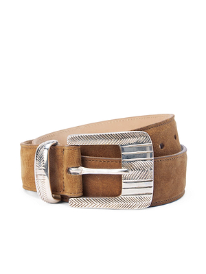 The Aya Suede Belt by L'AGENCE is a brown Italian suede belt, handcrafted in LA with a large silver engraved buckle, shown coiled on a white background.