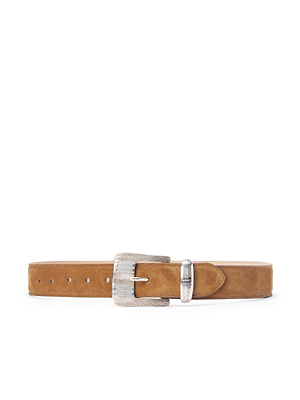 The Aya Suede Belt by L'AGENCE is a tan Italian suede accessory featuring a silver engraved rectangular buckle and round tip, handcrafted in LA and showcased on a white background.