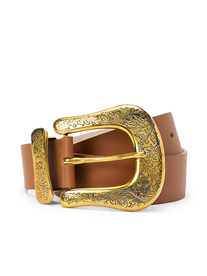 The Ximena Belt by L'AGENCE is a brown Italian leather belt with an ornate gold-toned buckle engraved with floral patterns, shown rolled with the detailed buckle prominently displayed in the foreground.