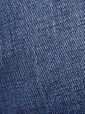 Close-up of blue denim fabric, showing diagonal woven texture and visible threads typical of jeans material.