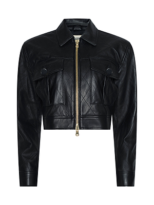 The Micah Oversized Leather Jacket is a black cropped leather jacket with a zipper, designed for a modern, oversized fit.