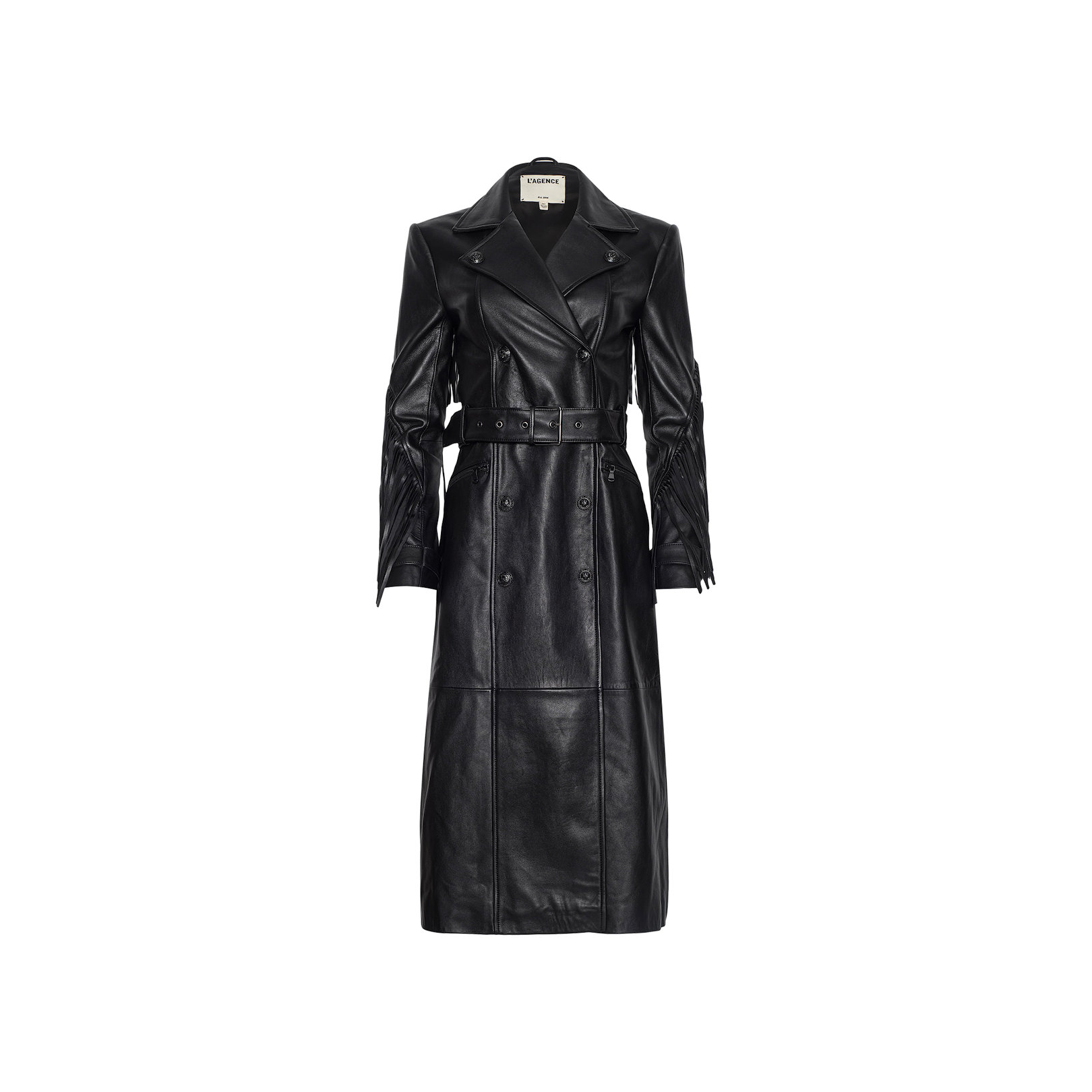The Celina Fringed Leather Trench is a long black trench coat crafted from supple lambskin leather, featuring a double-breasted front, wide lapels, belted waist, and button details, displayed against a plain white background.