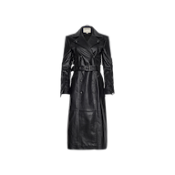 The Celina Fringed Leather Trench is a long black trench coat crafted from supple lambskin leather, featuring a double-breasted front, wide lapels, belted waist, and button details, displayed against a plain white background.