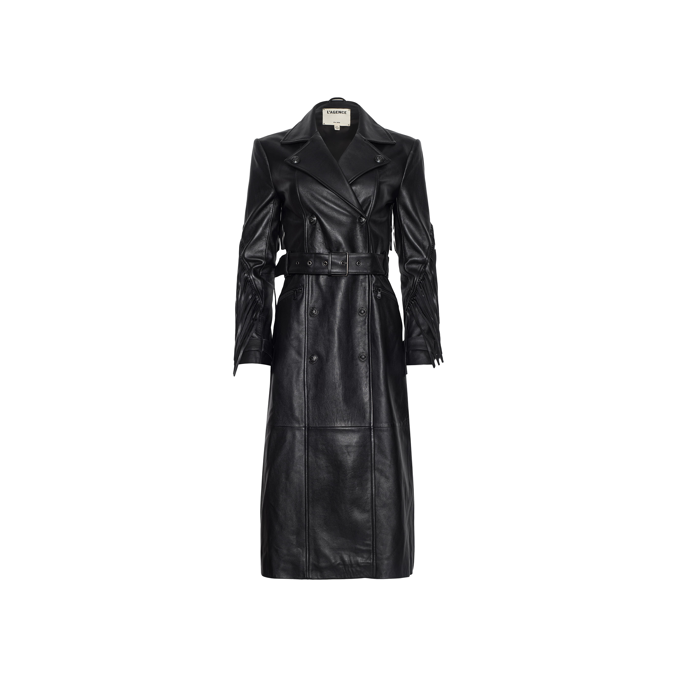 The Celina Fringed Leather Trench is a long black trench coat crafted from supple lambskin leather, featuring a double-breasted front, wide lapels, belted waist, and button details, displayed against a plain white background.