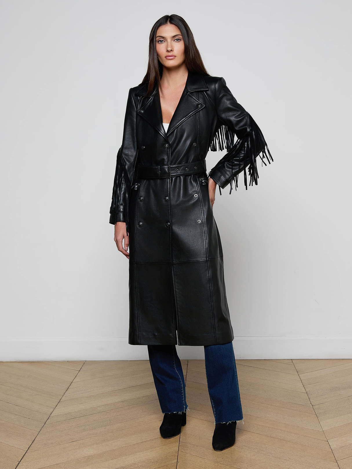 Celina Fringed Leather Trench in Black | L'AGENCE