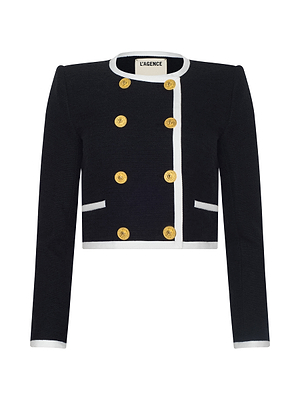 The Mazikeen Tweed Jacket is a cropped black jacket with white trim, gold double-breasted buttons, two front pockets, and an inner LAGENCE label—delivering a modern update to the classic blazer style.