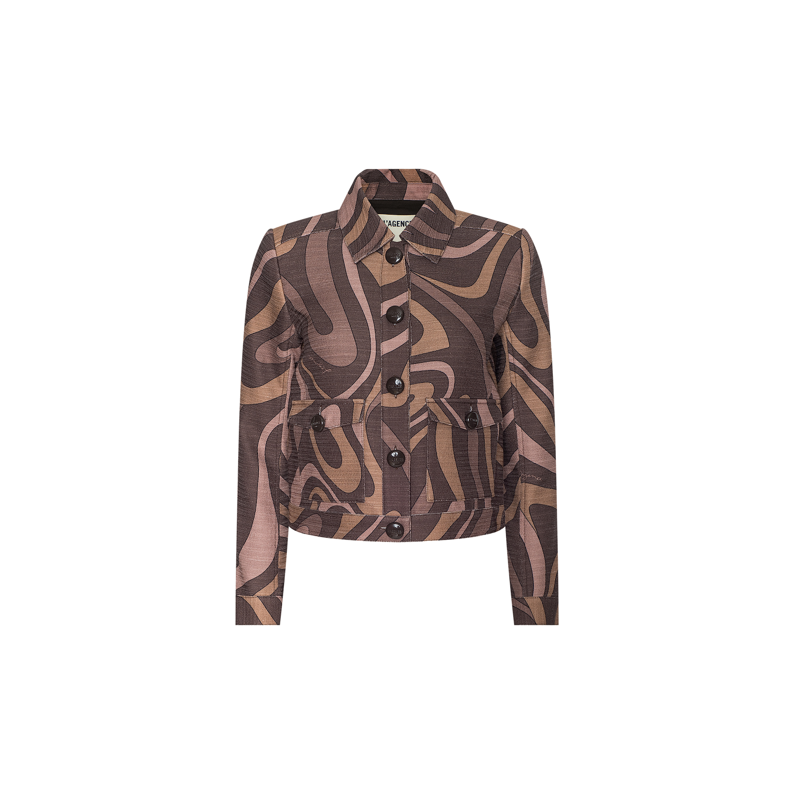 The Nyx Cropped Jacket is a brown, long-sleeve, relaxed fit jacket with a swirling abstract pattern in lighter and darker shades, featuring a button front closure and a collared neckline, displayed on a plain white background.
