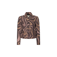 The Nyx Cropped Jacket is a lightweight cotton jacket in brown and beige with an abstract swirl print, relaxed fit, buttoned front, and collar, displayed on a plain white background.