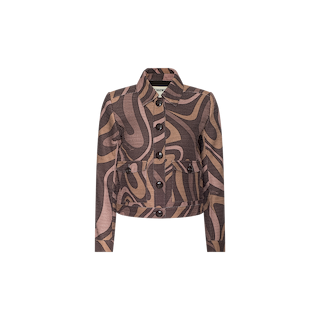 The Nyx Cropped Jacket is a brown, long-sleeve, relaxed fit jacket with a swirling abstract pattern in lighter and darker shades, featuring a button front closure and a collared neckline, displayed on a plain white background.