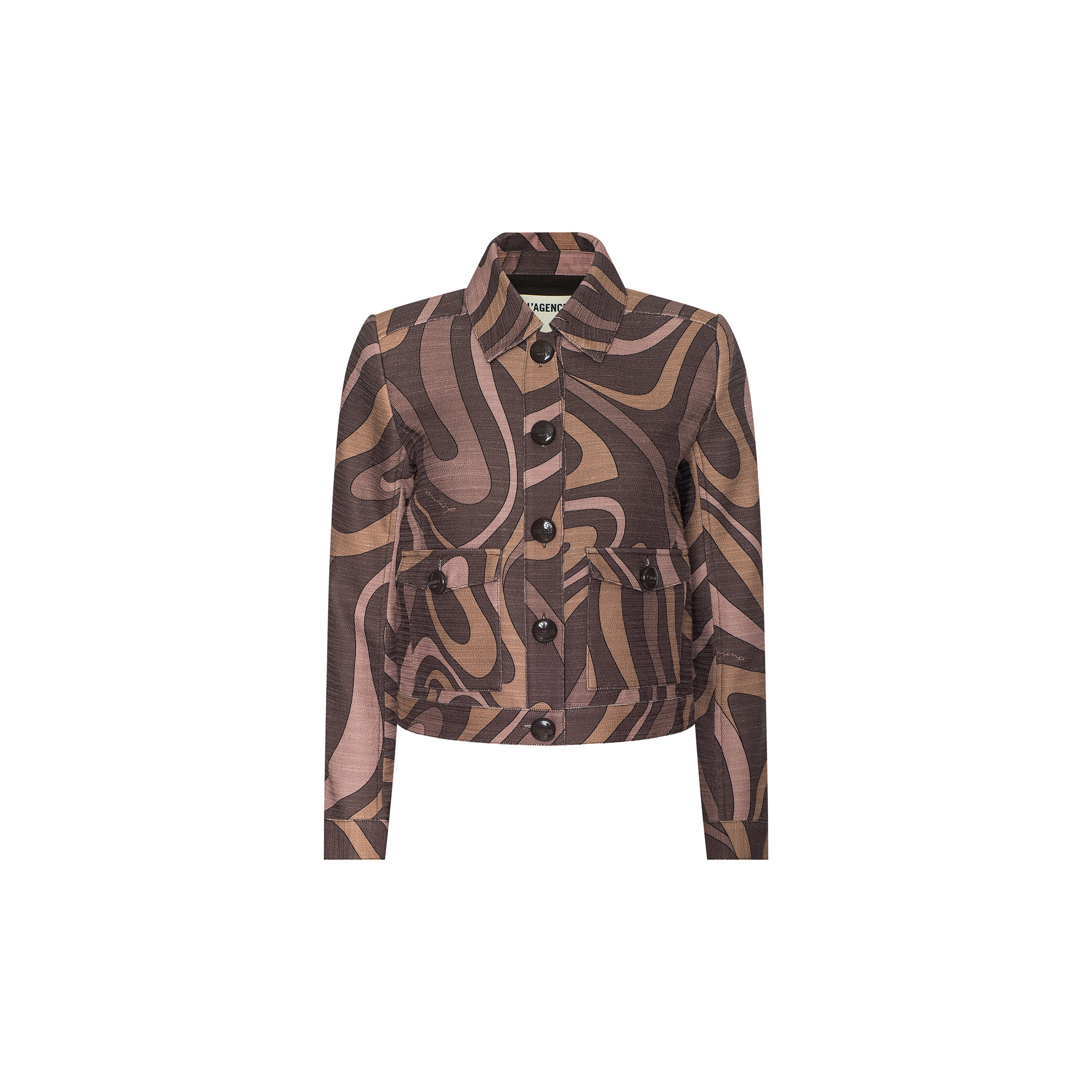 The Nyx Cropped Jacket is a lightweight cotton jacket in brown and beige with an abstract swirl print, relaxed fit, buttoned front, and collar, displayed on a plain white background.