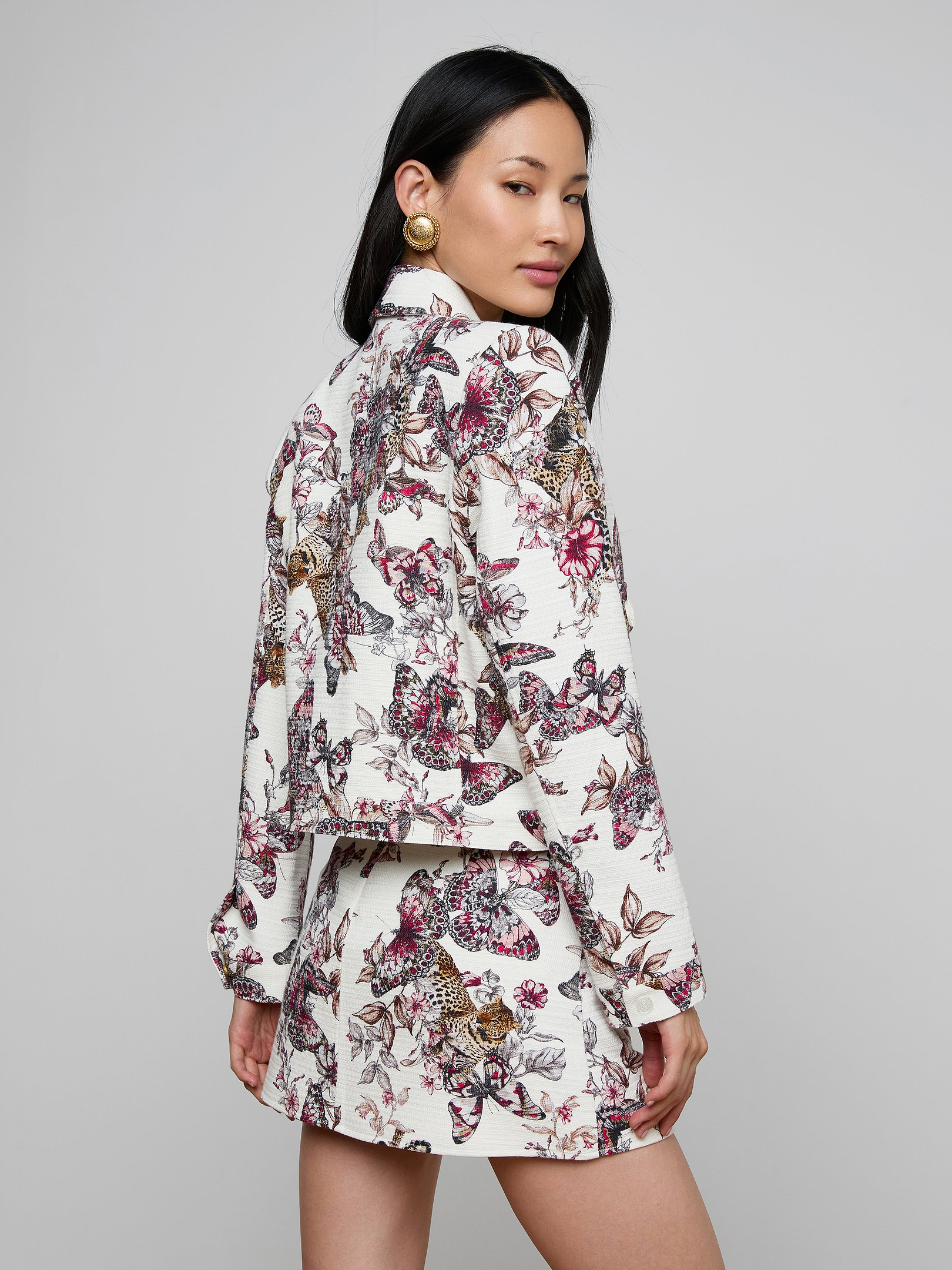 Nyx Cropped Jacket in White Multi Large Butterfly Jungle | L'AGENCE
