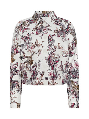 The Nyx Cropped Jacket is a lightweight cotton piece with long sleeves, a white base, and a butterfly jungle print in pink, brown, and black. It’s finished with gold buttons, a collar, and two chest pockets.