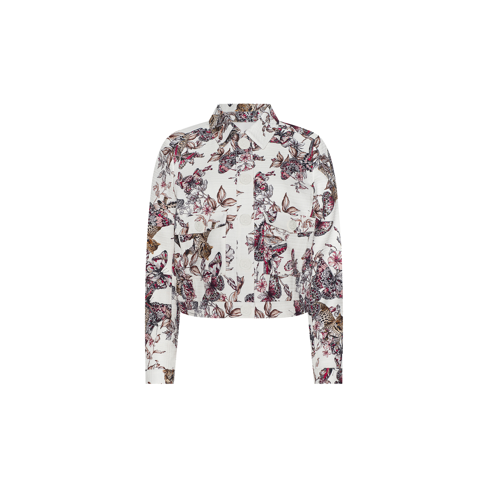 The Nyx Cropped Jacket is a white, lightweight cotton jacket with long sleeves, adorned with a vibrant floral and leaf print in shades of purple, pink, and brown. It features a collar and two front chest pockets.