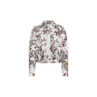 The Nyx Cropped Jacket is a white, lightweight cotton jacket with long sleeves, adorned with a vibrant floral and leaf print in shades of purple, pink, and brown. It features a collar and two front chest pockets.