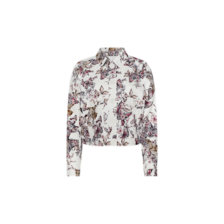 The Nyx Cropped Jacket is a white, lightweight cotton jacket with long sleeves, adorned with a vibrant floral and leaf print in shades of purple, pink, and brown. It features a collar and two front chest pockets.