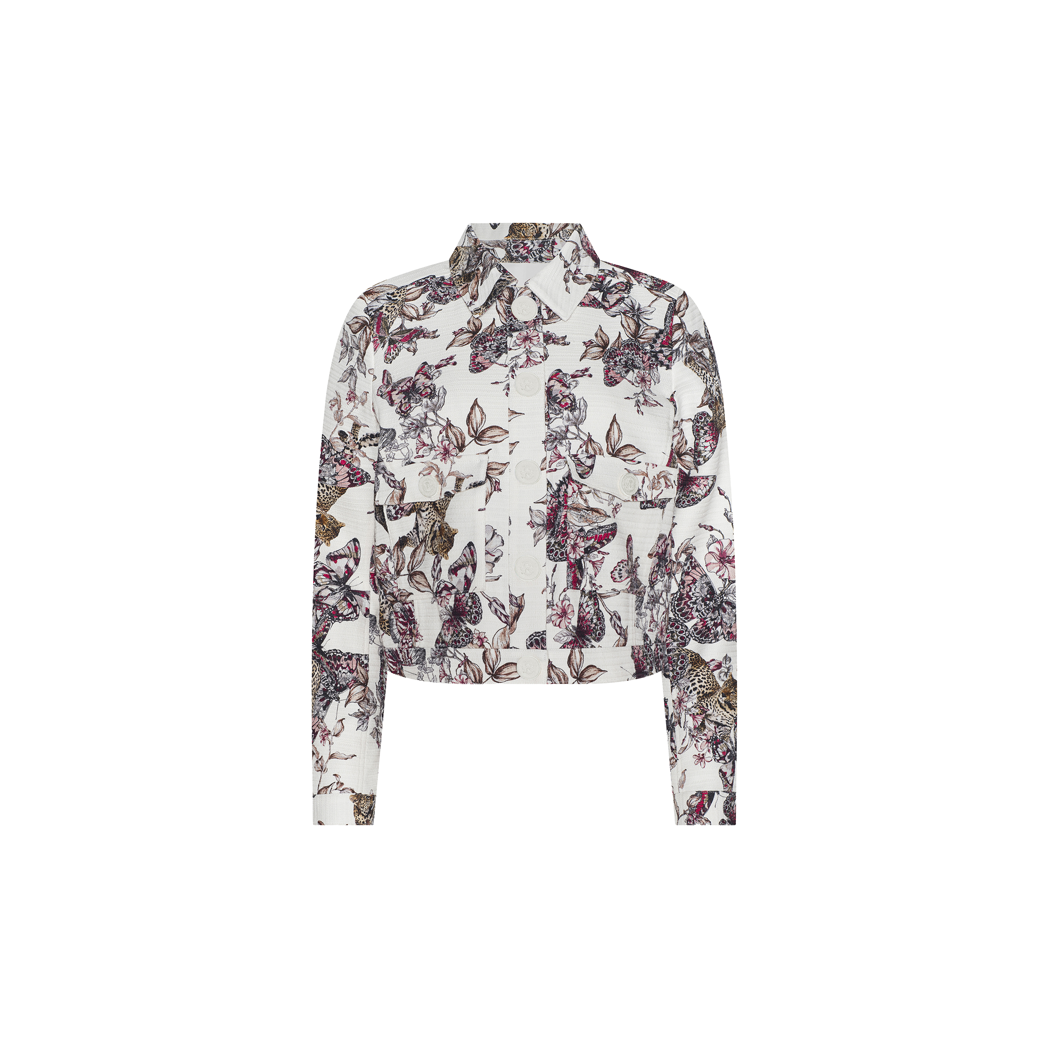 The Nyx Cropped Jacket is a white, lightweight cotton jacket with long sleeves, adorned with a vibrant floral and leaf print in shades of purple, pink, and brown. It features a collar and two front chest pockets.