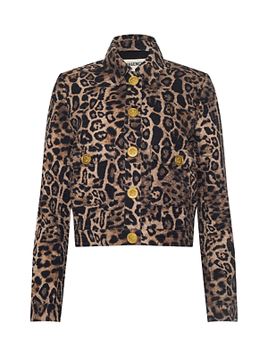 The Nyx Cropped Jacket is a relaxed-fit, long-sleeve leopard print design with a collar and six gold buttons down the front, showcasing bold brown and black hues.