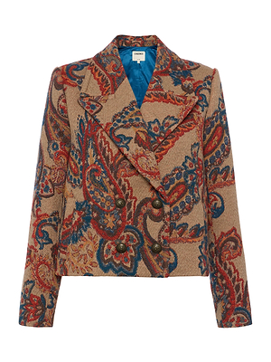 The Kelsey Peacoat by L'AGENCE is a tailored, double-breasted jacquard coat with a bold red, blue, and tan paisley pattern, large collar lapels, decorative buttons, and a blue fabric lining.