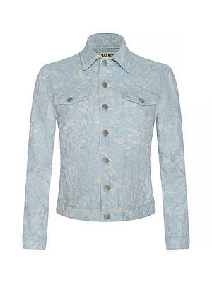 The Maven Jacket is a light blue cotton jacquard piece with a marble-like textured pattern, long sleeves, silver button-up front, chest pockets with button flaps, and a classic collar.