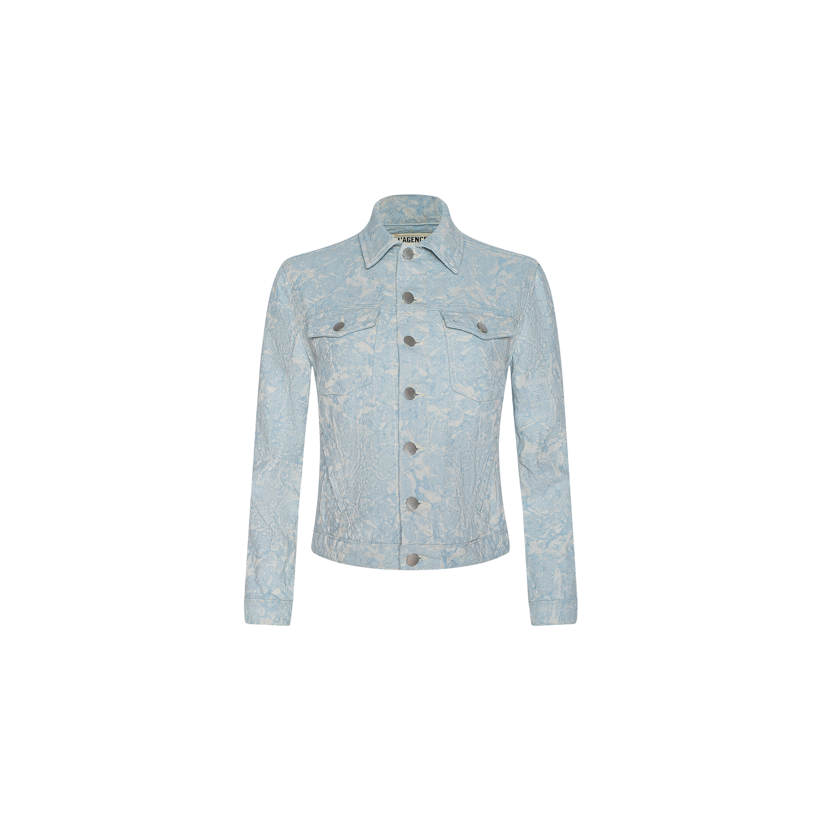 The Maven Jacket is a light blue cotton jacquard jacket featuring a subtle white floral pattern, silver buttons, a classic collar, and two chest pockets with a structured fit. Shown against a plain white background.