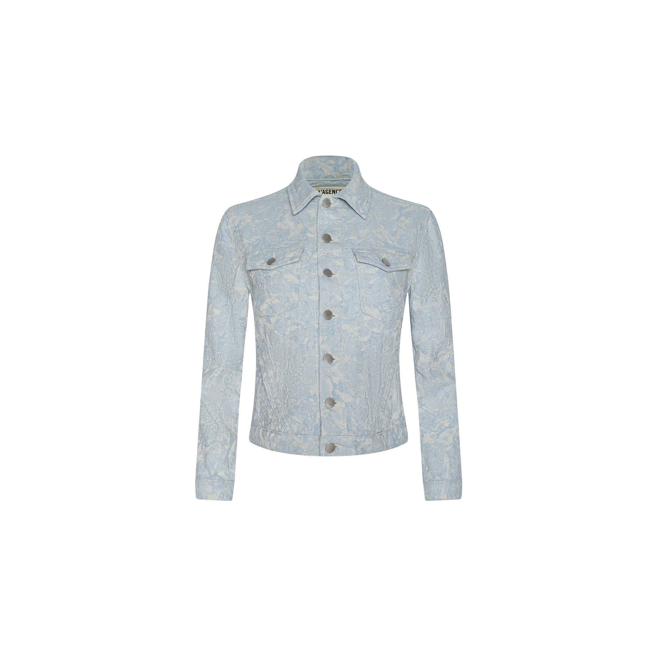The Maven Jacket is a light blue cotton jacquard jacket featuring a subtle white floral pattern, silver buttons, a classic collar, and two chest pockets with a structured fit. Shown against a plain white background.
