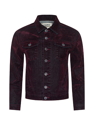The Maven Flocked Jean Jacket by L'AGENCE features a dark red velvet finish, long sleeves, metal buttons, chest flap pockets, visible stitching, and a brand label inside the collar.