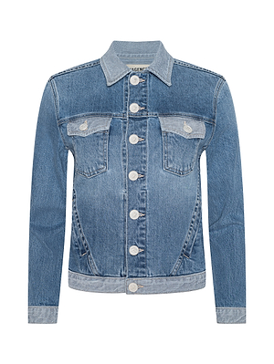 The Maven Jean Jacket is a classic light-wash denim jacket with stretch for comfort, long sleeves, a button-up front, chest flap pockets, side pockets, subtle fading, contrast stitching, and a pointed collar.