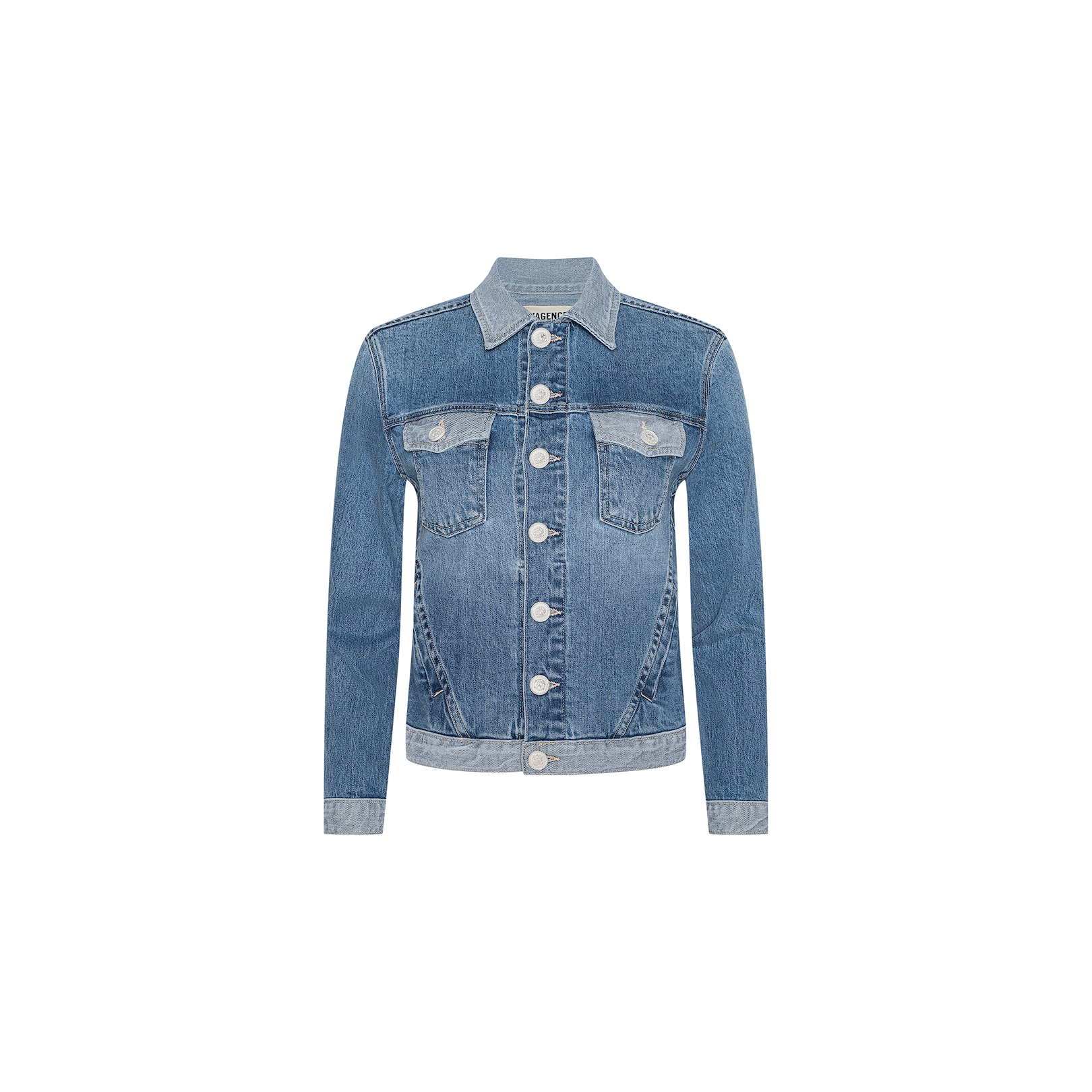 The Maven Jean Jacket is a classic light-wash denim jacket with long sleeves, a button-down front, and two chest pockets with flaps. Crafted from comfortable stretch denim, the jacket is displayed on a plain white background.