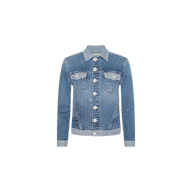 The Maven Jean Jacket is a classic light-wash denim jacket with long sleeves, a button-down front, and two chest pockets with flaps. Crafted from comfortable stretch denim, the jacket is displayed on a plain white background.