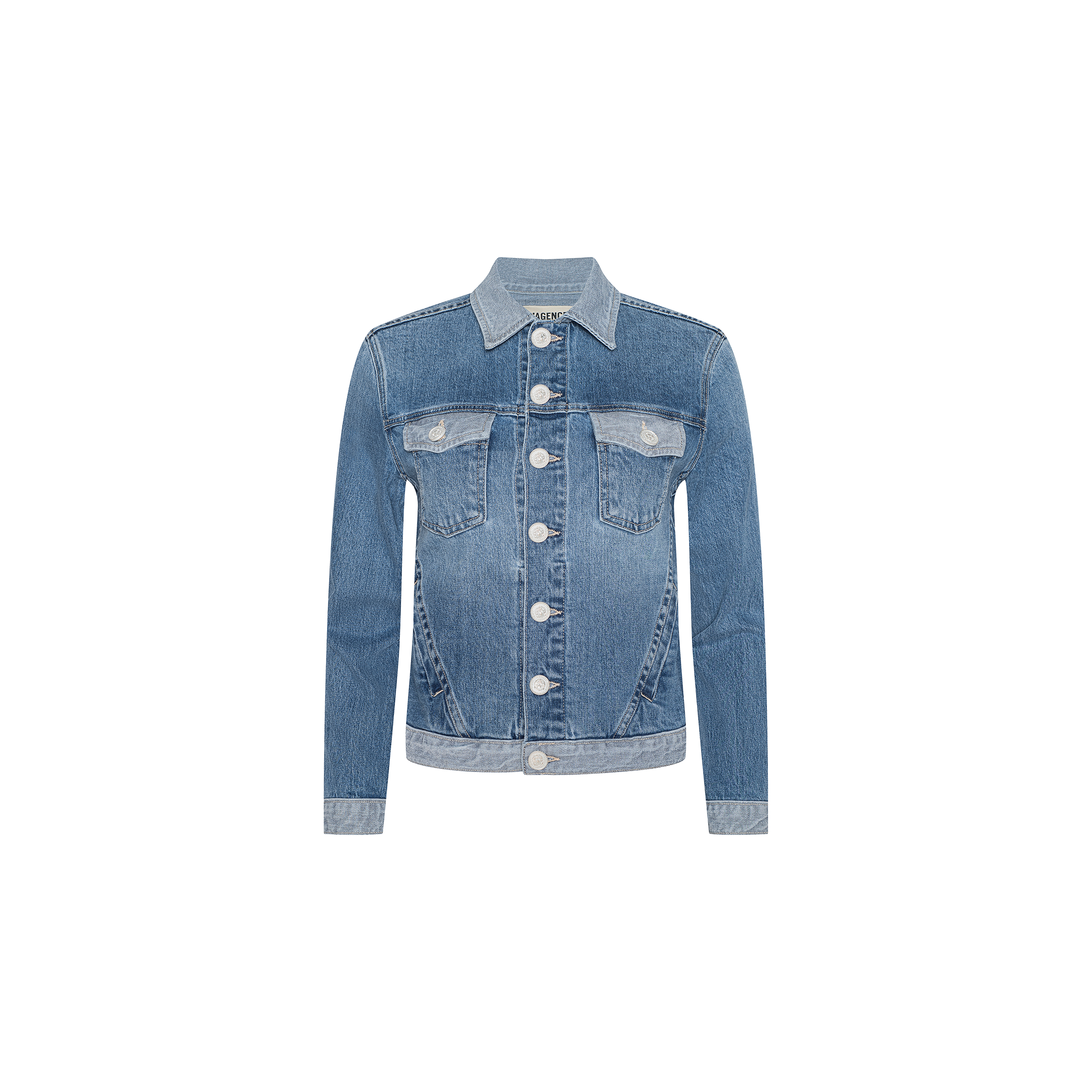The Maven Jean Jacket is a classic light-wash denim jacket with long sleeves, a button-down front, and two chest pockets with flaps. Crafted from comfortable stretch denim, the jacket is displayed on a plain white background.