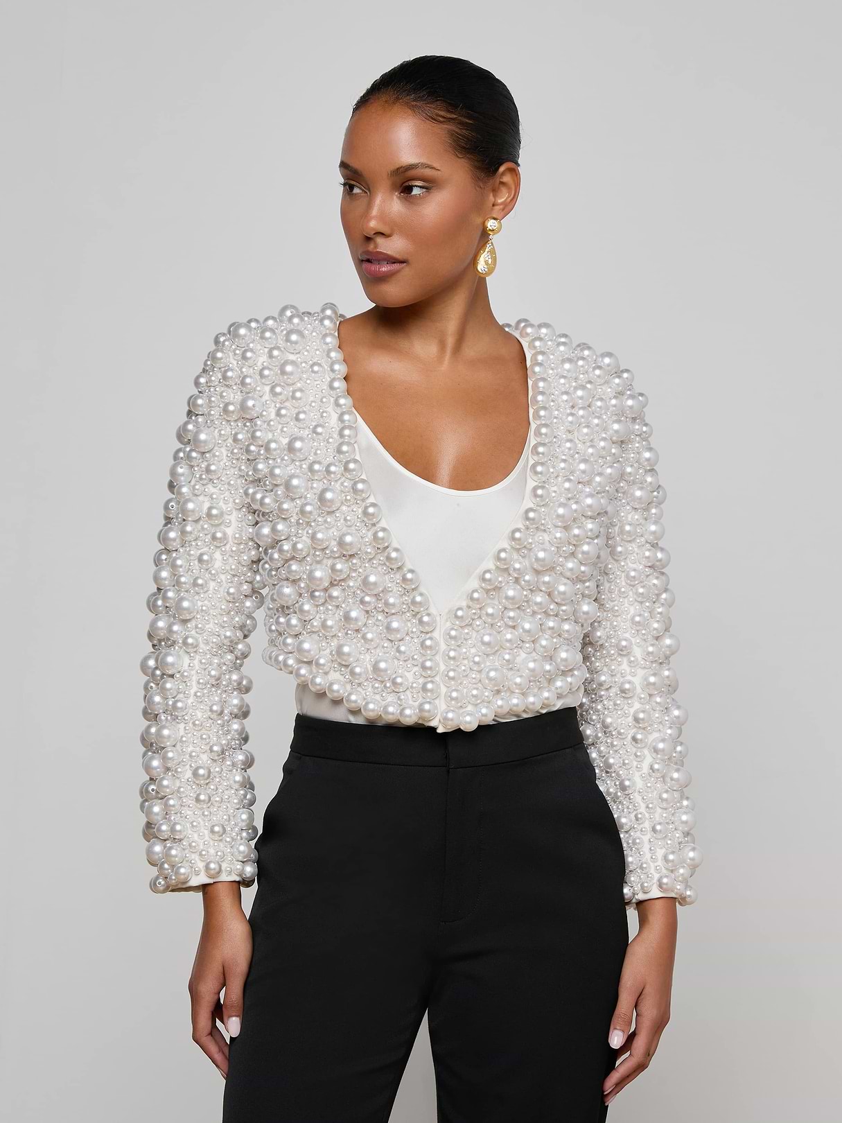 Belle Oversized Pearl Jacket in Ivory Mixed Pearls | L'AGENCE