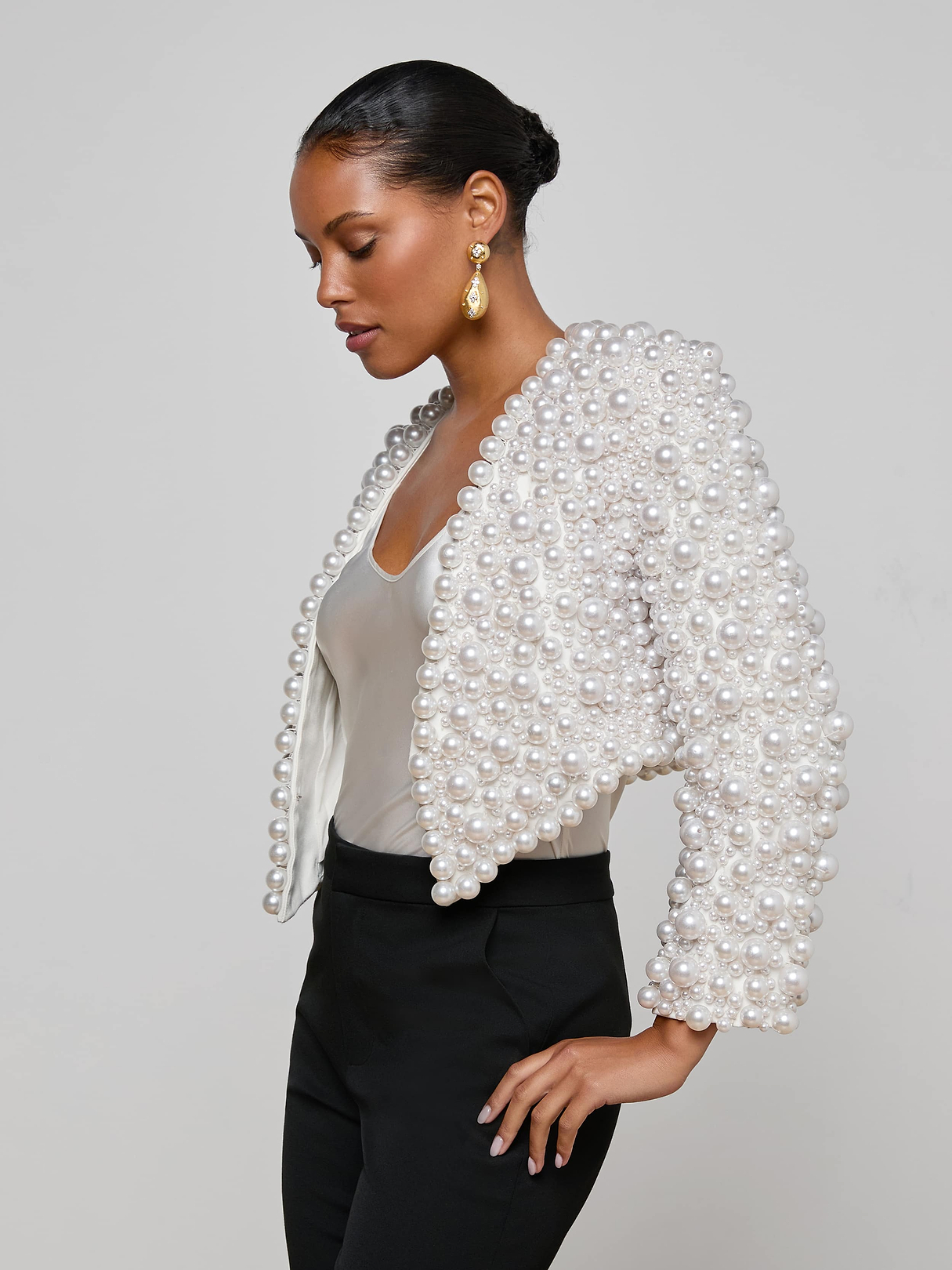 Belle Oversized Pearl Jacket in Ivory Mixed Pearls | L'AGENCE Belle Oversized Pearl Jacket in Ivory Mixed Pearls | L'AGENCE