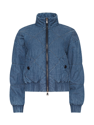 The Ryah Bomber Jacket by L'AGENCE is a blue lightweight denim puffer featuring a front zipper, high collar, elastic cuffs and hem, quilted stitching, and two snap-button front pockets.