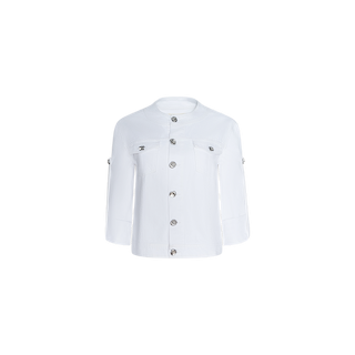 Introducing the Anouk Jean Jacket: a white, long-sleeve, collarless jacket crafted from all-cotton denim, featuring a button-up front with silver buttons, two chest pockets, and a modern collarless neckline. Displayed on a plain white background.