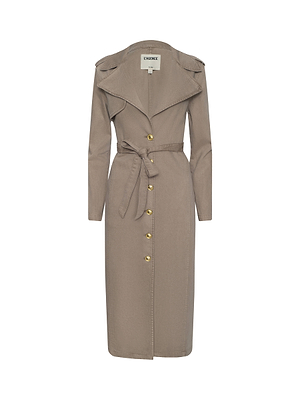 The Zavia Jean Trench Coat by L'AGENCE features a long taupe design with an oversized collar, belted waist, gold buttons, wide lapels, and long sleeves, shown against a white background.