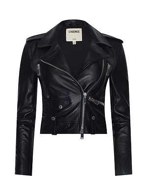 The Blakely Leather Biker Jacket features black lambskin leather, silver zippers, a notched lapel collar, shoulder epaulets, a cropped fit, and LAGENCE label inside.