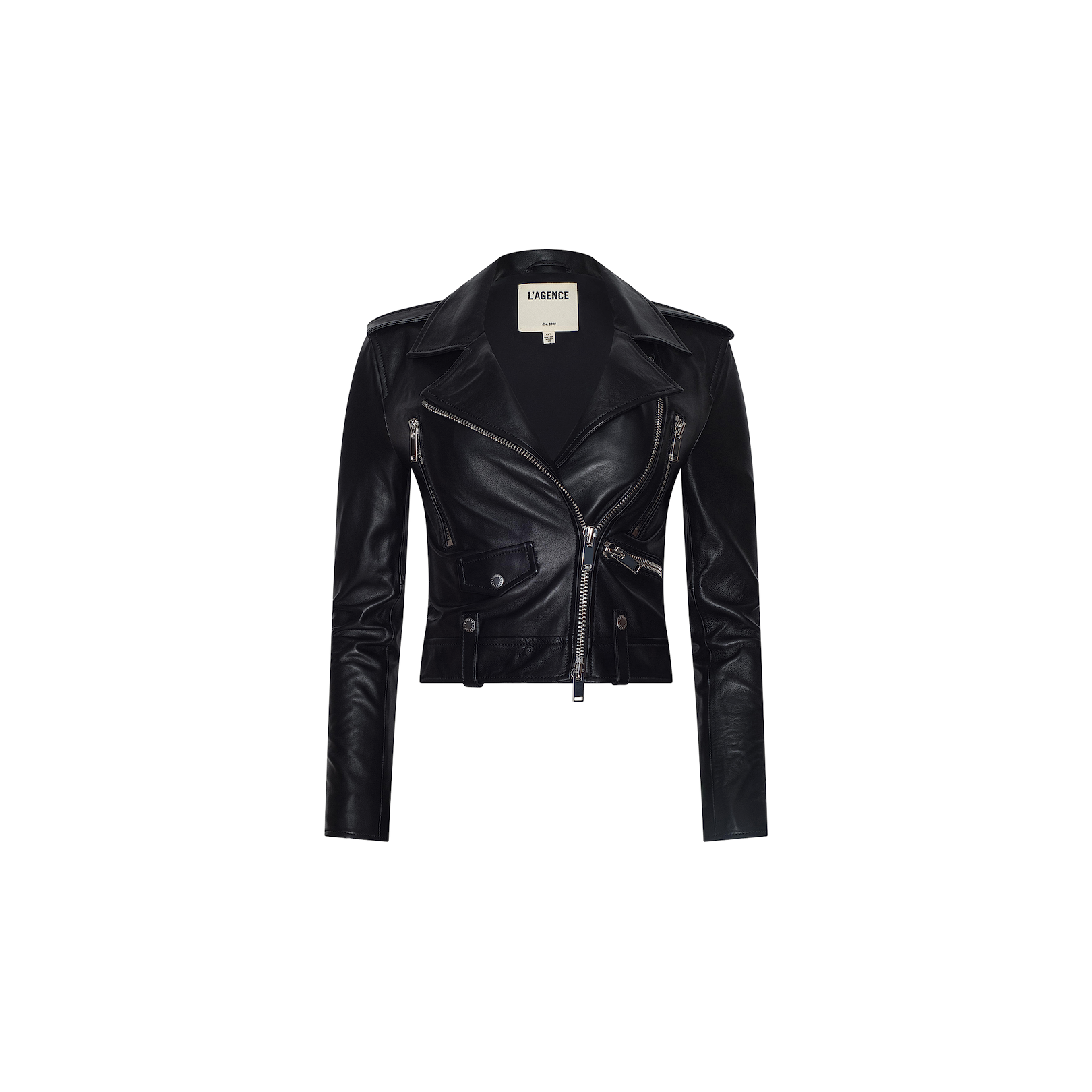 The Blakely Leather Biker Jacket is a cropped black lambskin leather biker jacket featuring silver zippers and button details, displayed on a plain white background.