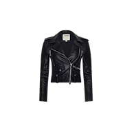 The Blakely Leather Biker Jacket is a cropped black lambskin leather biker jacket featuring silver zippers and button details, displayed on a plain white background.