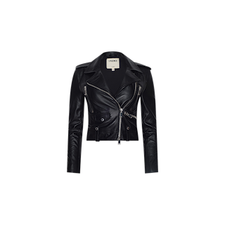 The Blakely Leather Biker Jacket, crafted from black lambskin leather with silver zippers and buttons, features a notched lapel collar and a fitted waist. This cropped jacket offers a modern silhouette and is displayed on a plain white background.