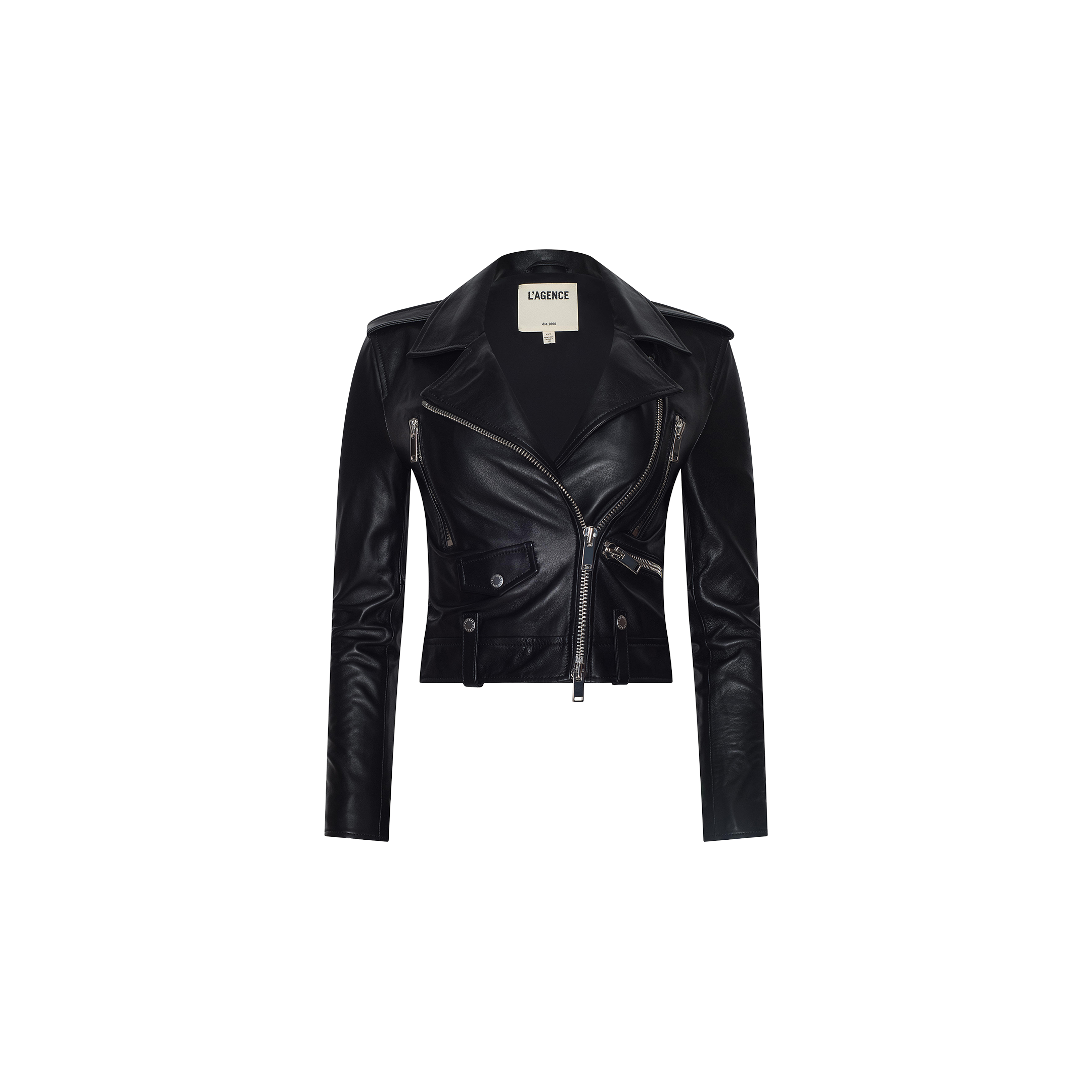 The Blakely Leather Biker Jacket is a cropped black lambskin leather biker jacket featuring silver zippers and button details, displayed on a plain white background.