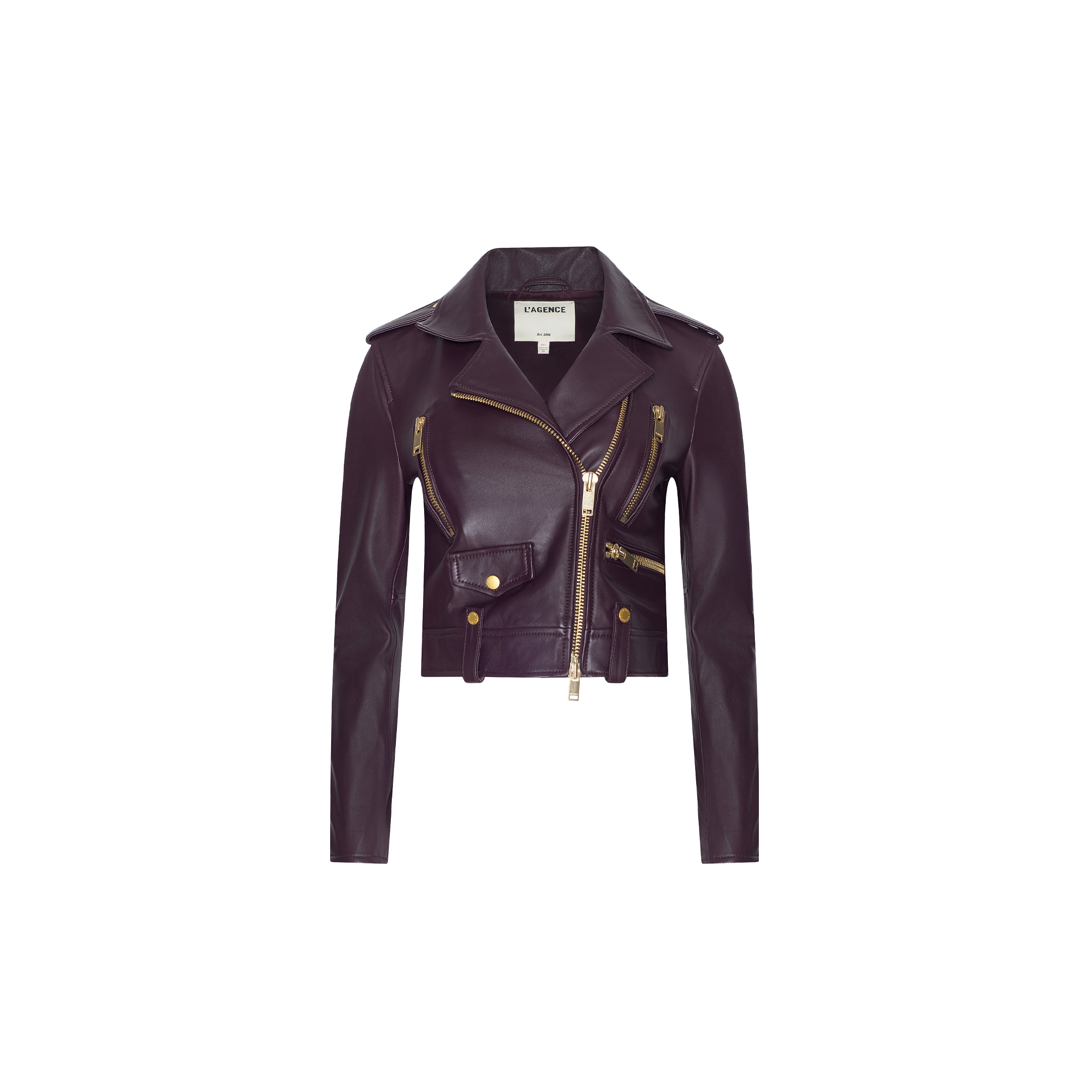 The Blakely Leather Biker Jacket is a cropped dark purple lambskin design featuring gold zippers and buttons, wide lapels, epaulets, and multiple front pockets, displayed against a plain white background.